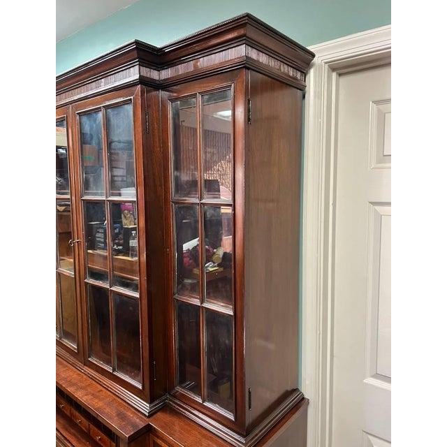 Brown Early 20th Century Georgian Period Mahogany Inlaid Breakfront Bookcase With Secretary Desk With Key For Sale - Image 8 of 12