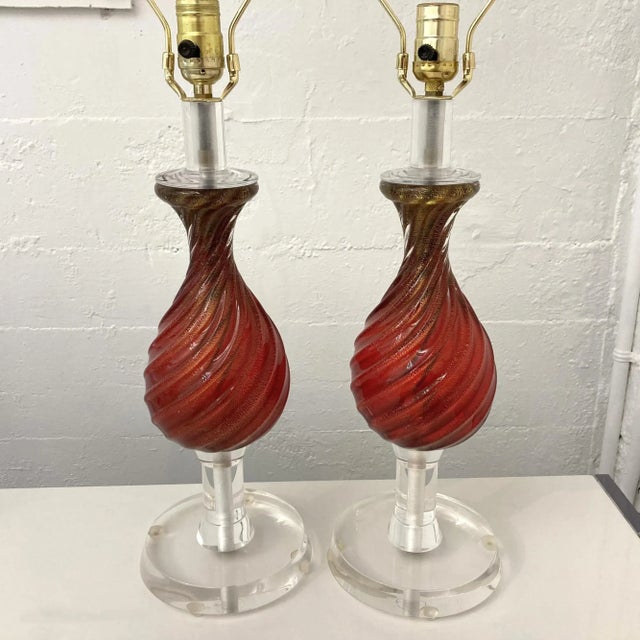 Mid 20th Century Mid 20th Century Red Italian Murano Glass Table Lamps - Set of 2 For Sale - Image 5 of 11