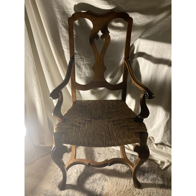 American This Is a 19th-Century Venetian Baroque Armchair Crafted From Hand-Carved Walnut With a Hand-Woven Rush Seat. Hand Carved Walnut Rustic Arm Chair. For Sale - Image 3 of 9