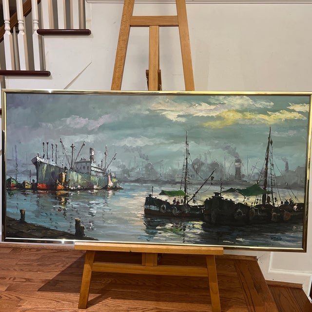 the painting in the image depicting the Rotterdam harbor, created in a realistic-impressionistic style. Oil on canvas...