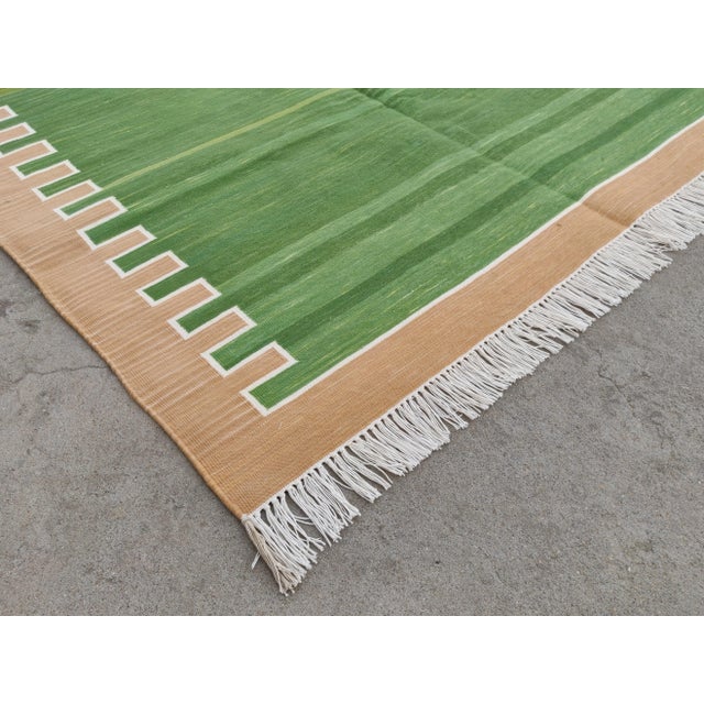 Casa Cosima Handmade Cotton Rug, Green with Light Tan Geometric Border and Cream Fringe - 6'x9' For Sale - Image 4 of 9