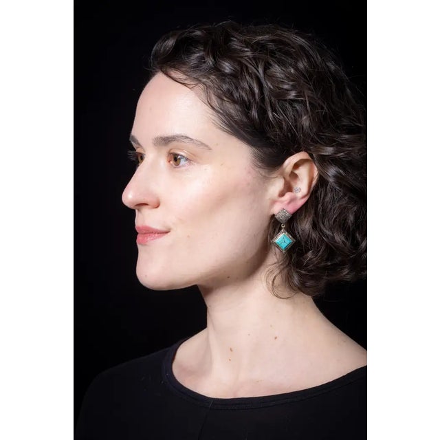 Modern Turquoise and Diamond Drop Earrings For Sale - Image 3 of 4