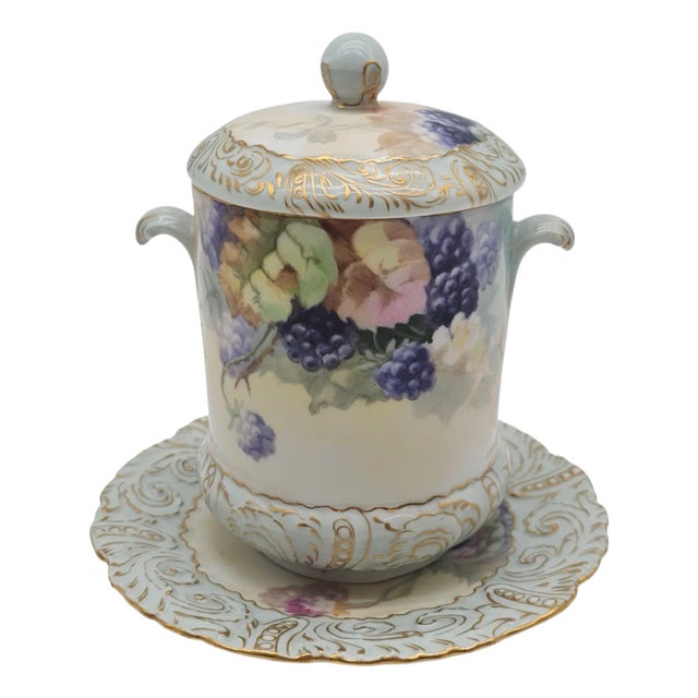 Antique T&v Limoges Hand Painted Blackberry Condensed Milk Jar With Saucer For Sale