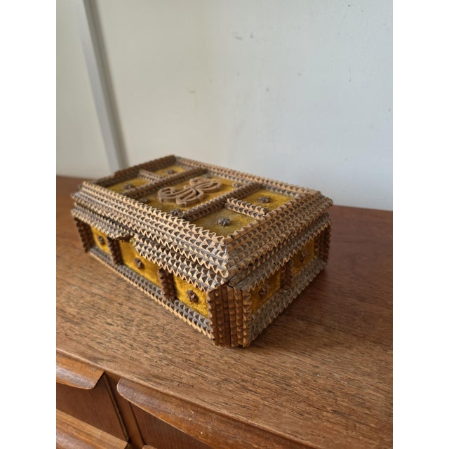 Antique Tramp Art Box Hand Carved Folk Art Keepsake Box Monogram R Velvet Jewelry Box Primitive Wooden Storage Decor For Sale - Image 9 of 15
