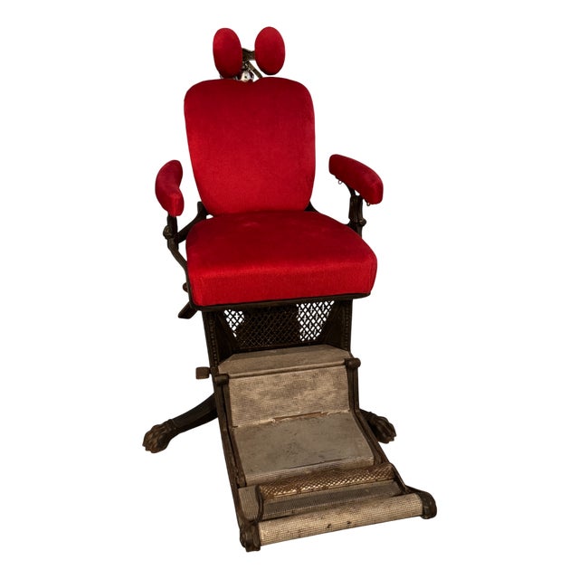 Barber Chair with Red Upholstery and Adjustable Footrest For Sale