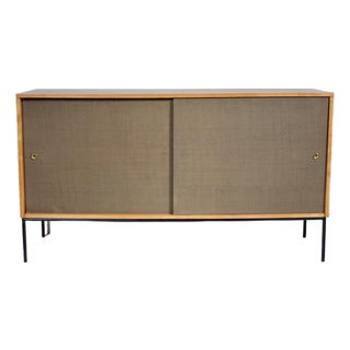 Paul McCobb Planner Group Maple, Grasscloth & Wrought Iron Credenza, 1950s For Sale