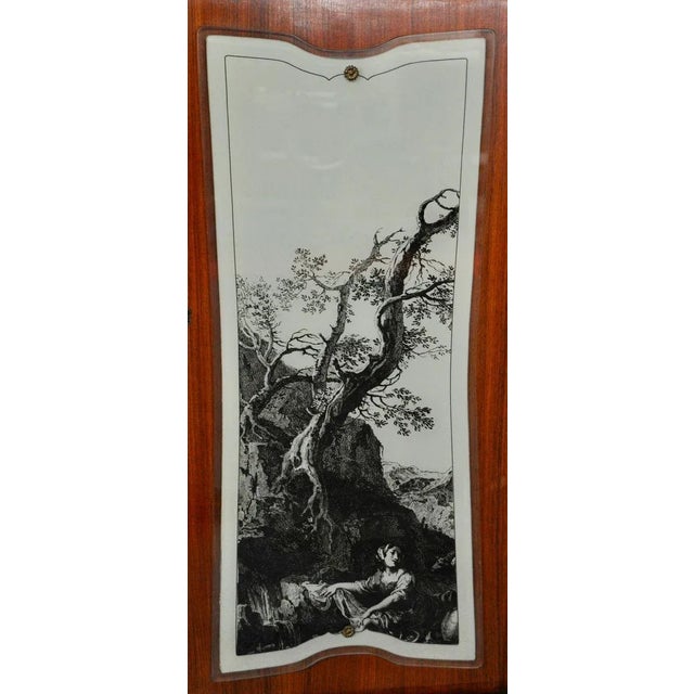 Mahogany Pear Tree, Brass & Glass Top Drawers Sideboard with Allegorical Drawings & Internal Lightning from F.lli Rigamonti Desio, Milano, 1940s For Sale - Image 4 of 14