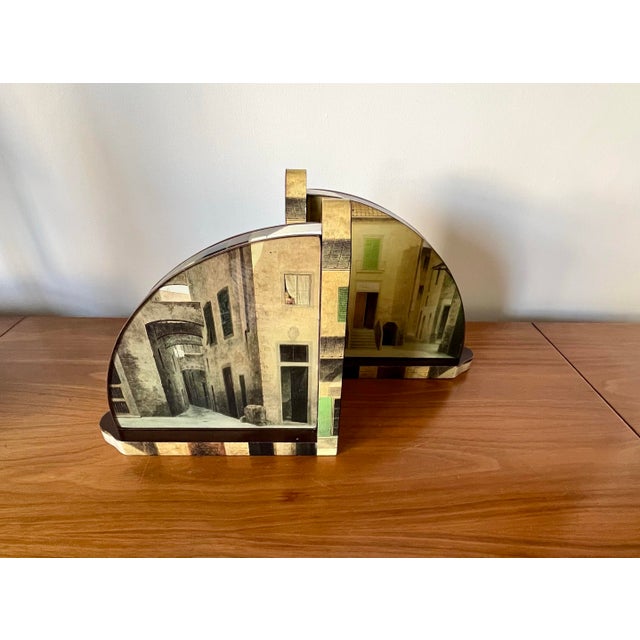 Fornasetti Style Italian Trompe L’Oeil Architectural Bookends With Glass, Tuscan For Sale - Image 10 of 11