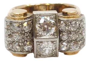 Antique Two Tone "Tank" Style Ring Set in 18k Yellow and White Gold With Old-Cut Diamonds, Size 7