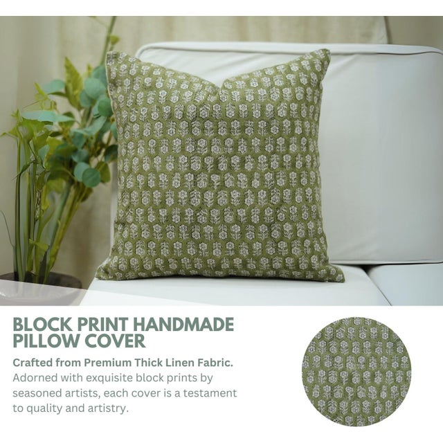Fabdivine Handmade Block Print Floral Design Olive GreenTulsi Buti Printed Thick Linen Pillow Cover 12x20 Inches For Sale - Image 4 of 4