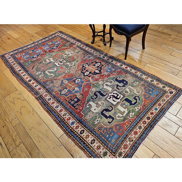 Mid-19th Century Caucasian Cloudband Karabagh Carpet, Hand-Knotted Wool, Green & Blue, 5' x 9' For Sale - Image 4 of 17