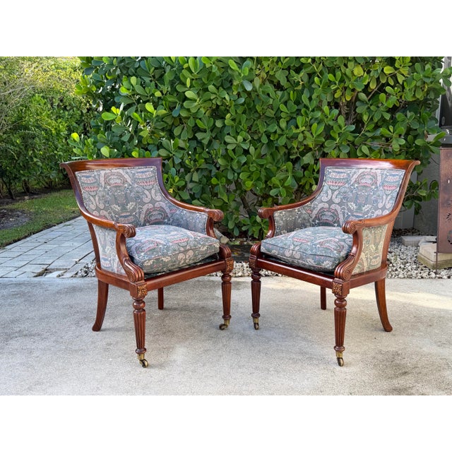 Late 20th Century Vintage Hickory Chair Regency Mahogany Armchairs With Original James River Upholstery, Pair For Sale - Image 5 of 12