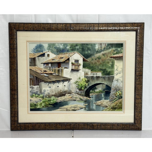 Mexican Luis Amendolla (Mexican 1939-2000) Watercolor Village Landscape, Signed For Sale - Image 3 of 18