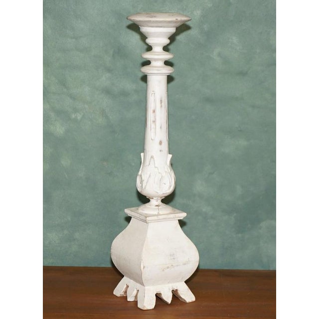 White Vintage Painted Carved Oak Decorative Candlesticks, 1940s, Set of 2 For Sale - Image 8 of 17