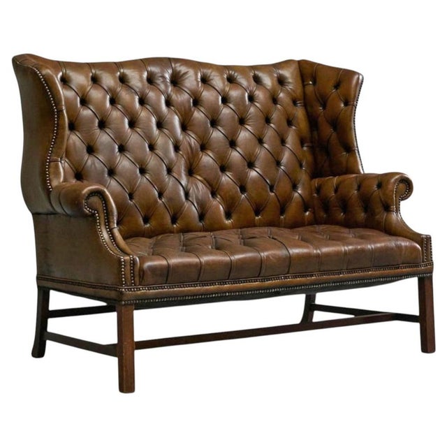 English Tufted Wingback Settee in Patinated Leather, 1900 For Sale - Image 17 of 17