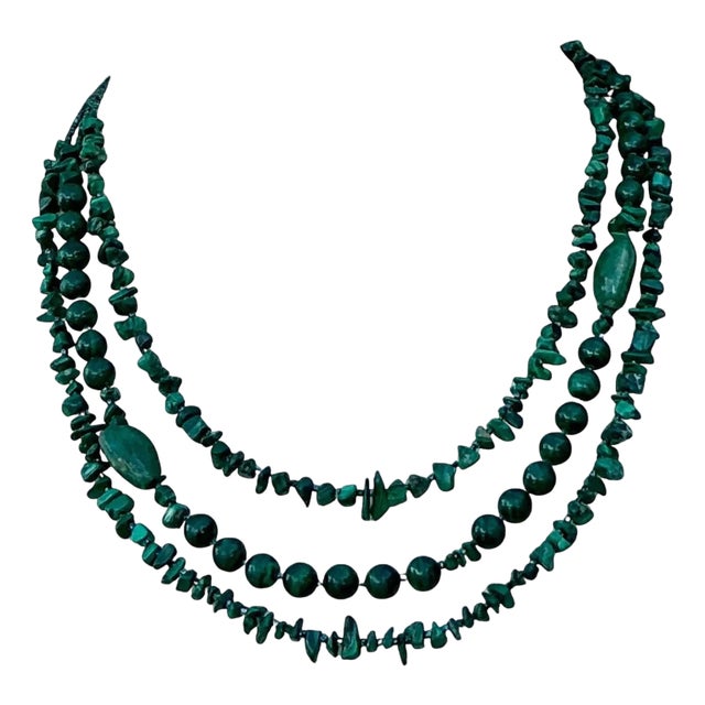 Vintage Boho Malachite Three-Stranded Necklace For Sale