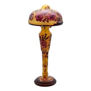 Mushroom Table Lamp in Yellow Glass with Red Flowers in the style of Gallé, France, 1900s For Sale
