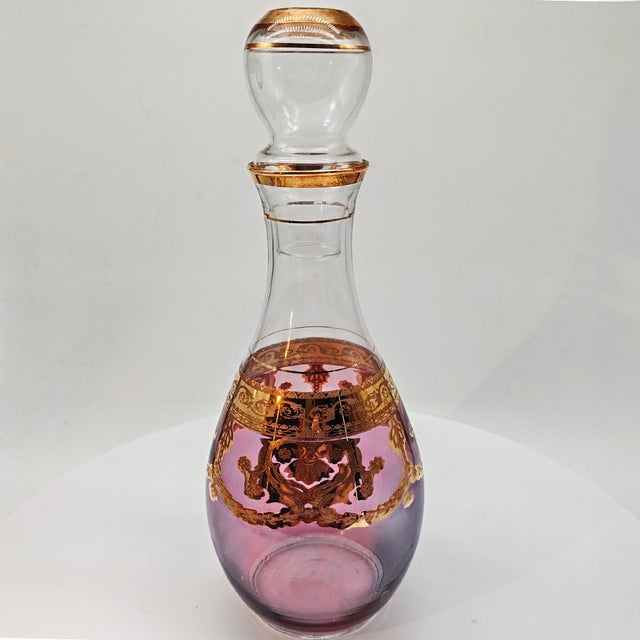 Baroque Venetian Bottle and Glasses in Glass with Gold Trim, Venice, Italy, 1950s, Set of 6 For Sale - Image 4 of 11