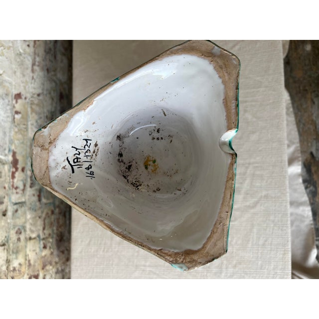 Ceramic Vintage MCM Flying Fish Italian Ceramic Vase With Black & Teal Abstract Fish Motif – Hand-Painted, Signed Triangular Vase For Sale - Image 7 of 8