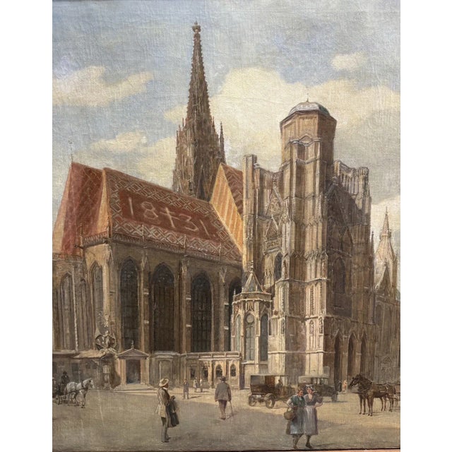Gothic Early 1900s Antique Edvard Weie St. Stephen’s Gothic Cathedral Oil Painting Vienna Cityscape, Framed For Sale - Image 3 of 11