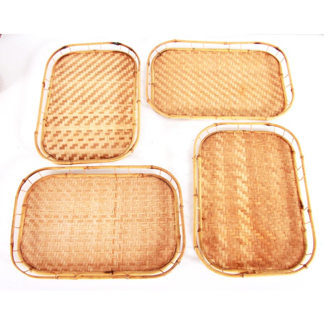 Vintage Mid Century Woven Rattan Stacking Serving Trays Set of 4