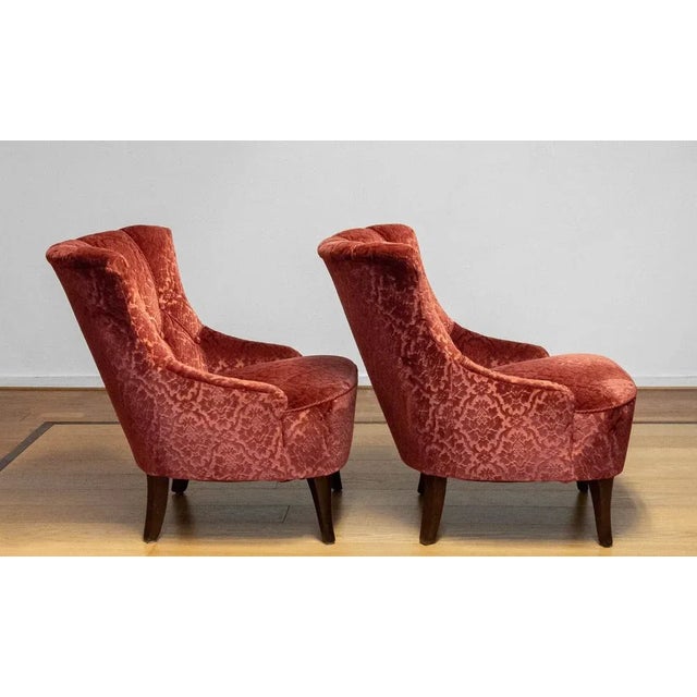 Set of 20th Century Napoleon III Armchairs in Velvet Jacquard Tone-on-Tone Brick For Sale - Image 10 of 12
