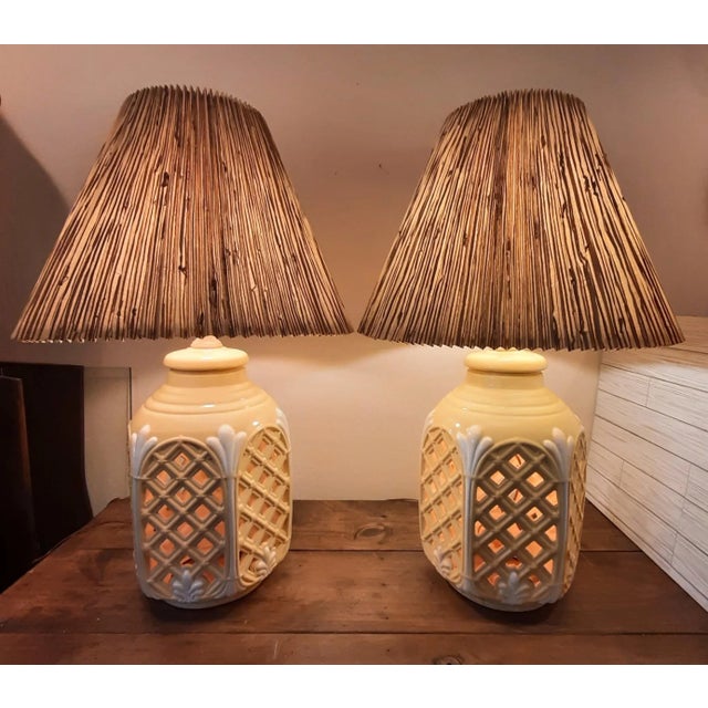 Lattice Cutout Glow Lamps Grass Cloth Shade For Sale - Image 12 of 12