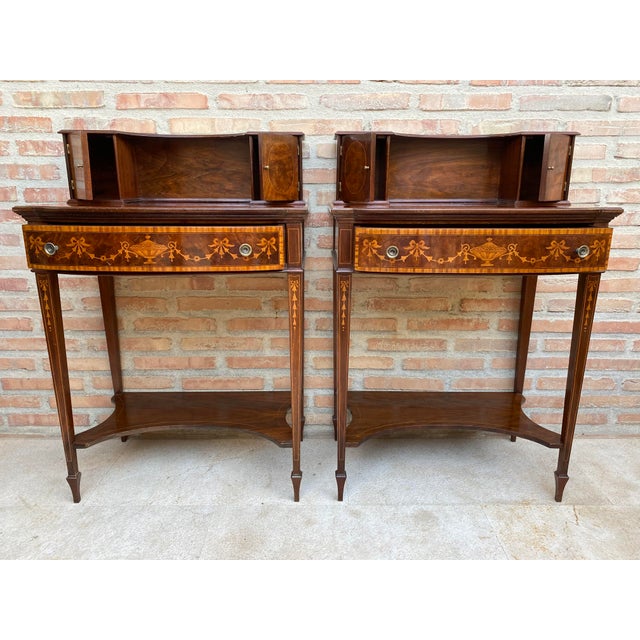 Wood 1940s Pair of Neoclassical Marquetry Bedside Tables With Drawers and Upper Compartment For Sale - Image 7 of 18