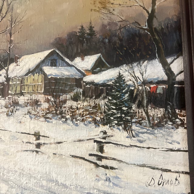 Textile 1980s Modern Oil on Canvas Board Framed Signed Siberian Evening by D. Orlov For Sale - Image 7 of 12