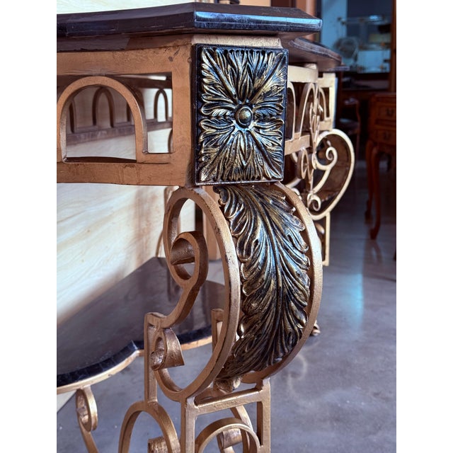 Late 19th Century French 19th Louis XV Wrought Iron Gilded Console with Marble top and Low Shelve For Sale - Image 5 of 18