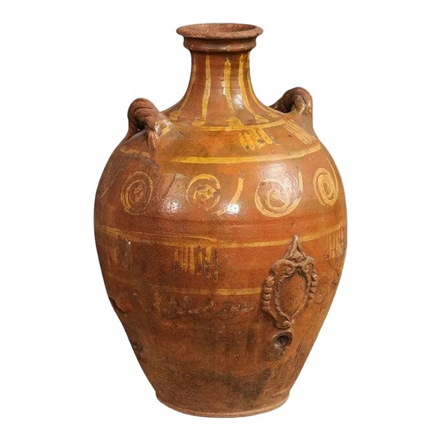 17th Century Italian Terracotta Olive Oil Jar with Yellow Glazed Spiraling Décor For Sale
