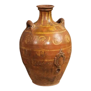 17th Century Italian Terracotta Olive Oil Jar with Yellow Glazed Spiraling Décor