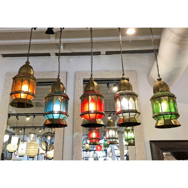 Indian Vintage Moorish Indian Brass & Turquoise Glass Pendant Light For Sale - Image 3 of 6