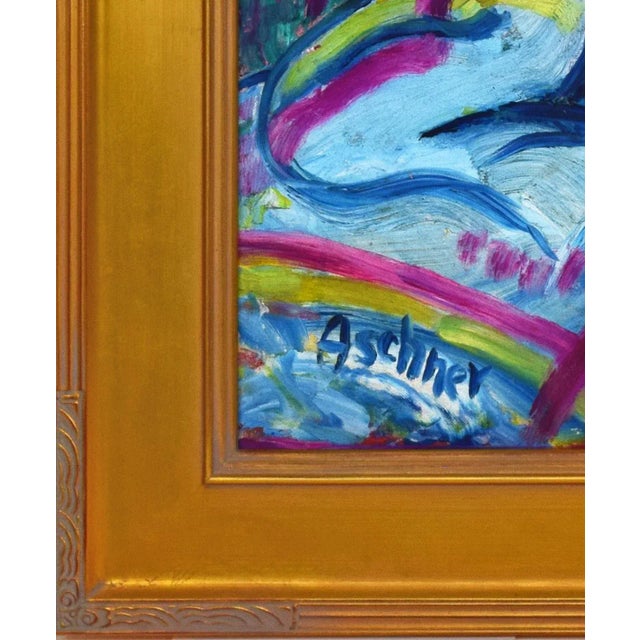 Turquoise Vintage Mid Century Post Impressionist Floral Still Life Oil Painting of Gladiola Flowers, Aschner 1961 For Sale - Image 8 of 9