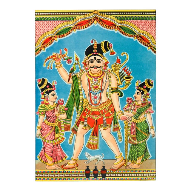 1920 Indian Offset Lithography, "Maduravireshwar" Moustache Man With Two Women in Polka Dot Saris (Ravi Udaya Vijaya For Sale