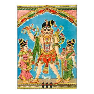 1920 Indian Offset Lithography, "Maduravireshwar" Moustache Man With Two Women in Polka Dot Saris (Ravi Udaya Vijaya