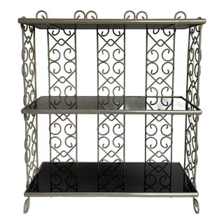Mid-Century Hollywood Regency Silver-Tone Metal Tabletop Étagère With Black Glass Shelves For Sale