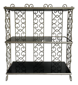 Mid-Century Hollywood Regency Silver-Tone Metal Tabletop Étagère With Black Glass Shelves