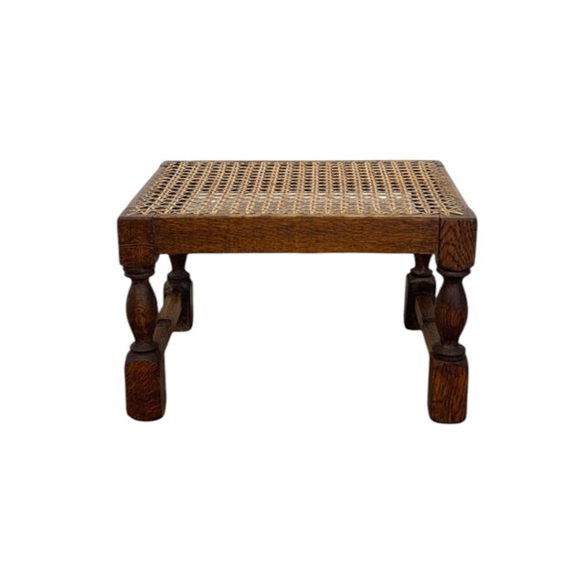 English Vintage English Oak Footstool With Woven Cane Top and Turned Legs. For Sale - Image 3 of 9