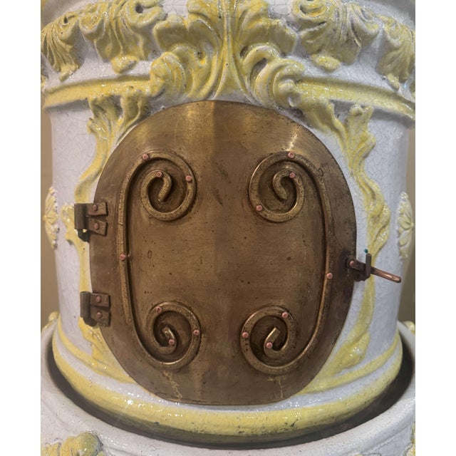 19th Century French White and Yellow Terracotta and Brass Wood Burning Stove For Sale - Image 12 of 12