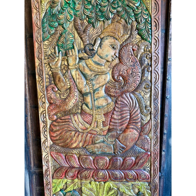 Fluting Krishna Carved Wood Wall Art – Vintage Indian Door Panel Decor 83x36 For Sale - Image 4 of 8