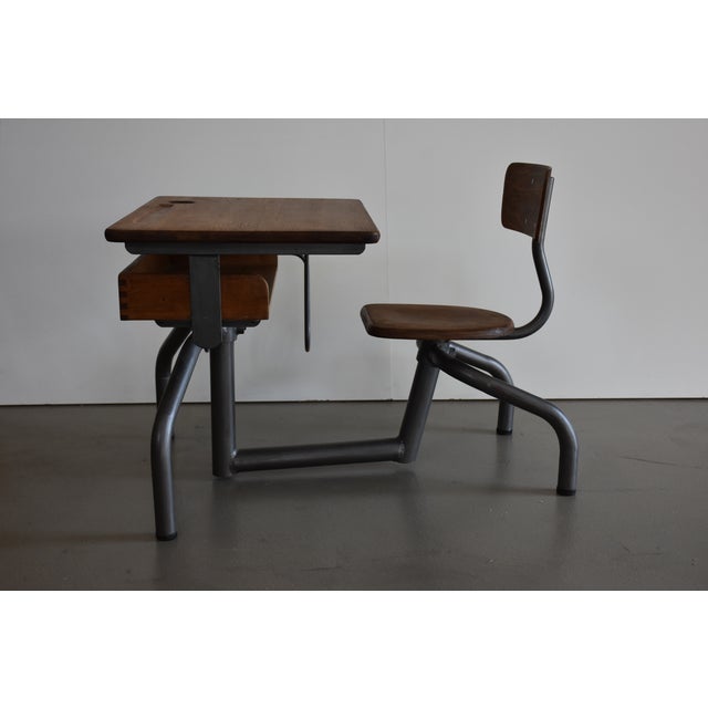 Mid-Century Modern Vintage French Oak and Steel Tube Children's School Desk with Chair, 1930s For Sale - Image 3 of 9