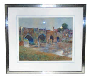 Late 19th Century "Moonrise, Old Bridge, Tewkesbury" Watercolor Painting, Framed
