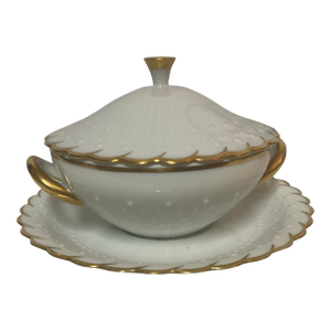 Early 20th Century Georges Boyer Limoges Diademe Cream Soup Bowl With Lid and Saucer