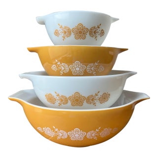 Vintage 1970's Pyrex Cinderella Butterfly Gold Nesting Mixing Bowls Set of 4, 441, 442, 443 (As Is), 444 For Sale