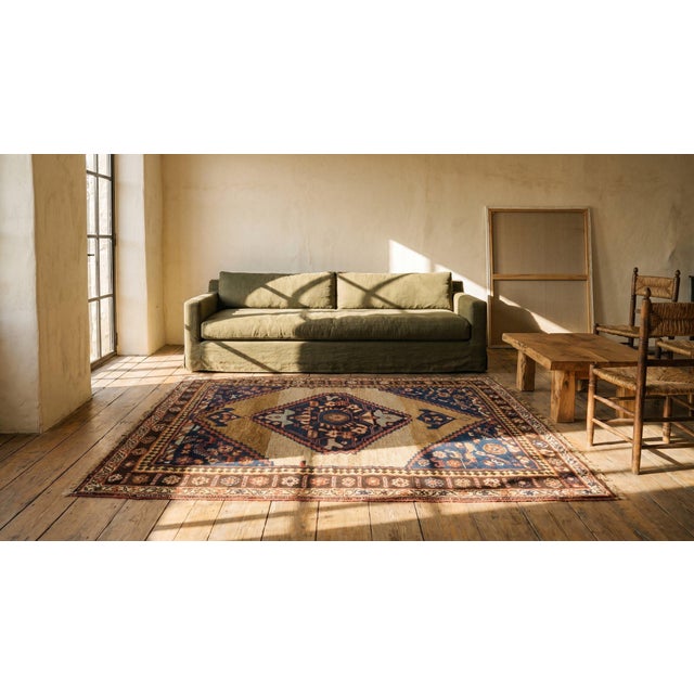 Camel 1880s Camel Medallion Tribal Antique Hand Knotted Persian Bijar Rug 4'5" X 5'9" Wool Carpet For Sale - Image 8 of 9