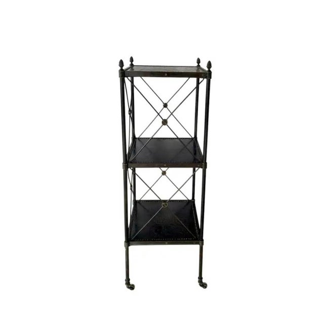 Three-Tier French Brass and Metal Étagère. Étagère features blackened metal with intricately punched brass shelves and...
