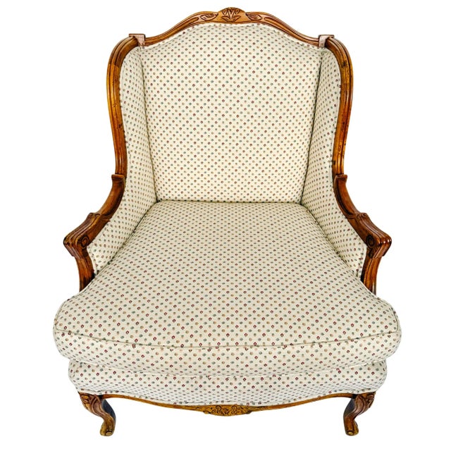 French Provincial Louis XV Bergere Armchair With Carved Wood Frame & Petite Floral Upholstery For Sale - Image 4 of 16