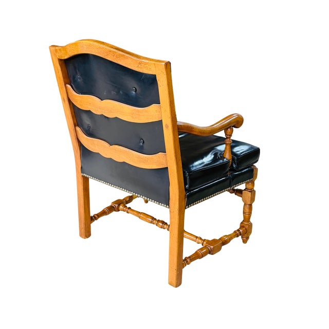 Vintage Barnard & Simonds Black Leather Armchair | 1960s American Traditional | Button-Tufted Leather & Bobbin-Turned Wood For Sale - Image 13 of 18