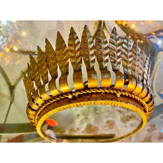 Large Spanish crown light in gilt metal and frosted glass, Spain, 1950s. Midcentury antique gilt iron frame or pendant...